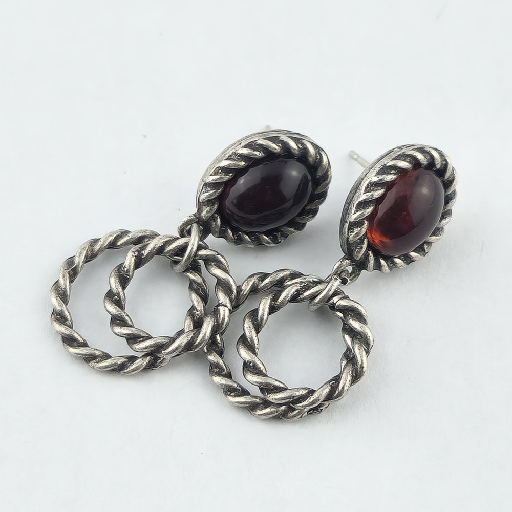 Vintage Silver Tone Red Cabochon Twisted Rope Double Hoop Drop Earrings - Picture 3 of 7